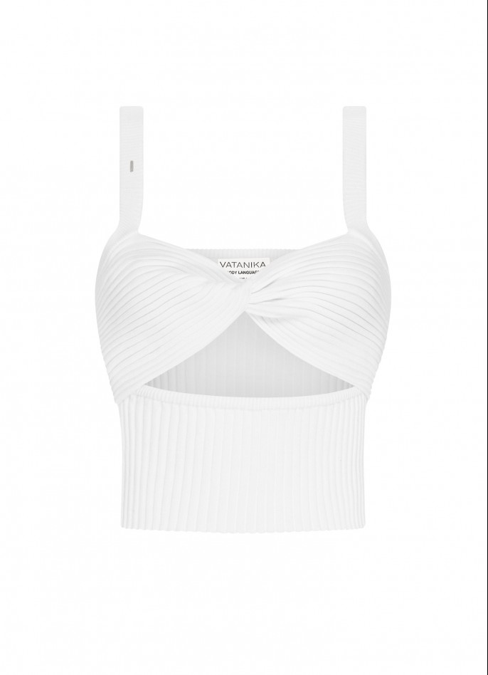 RIBBED KNIT TWIST CROP TOP - WHITE